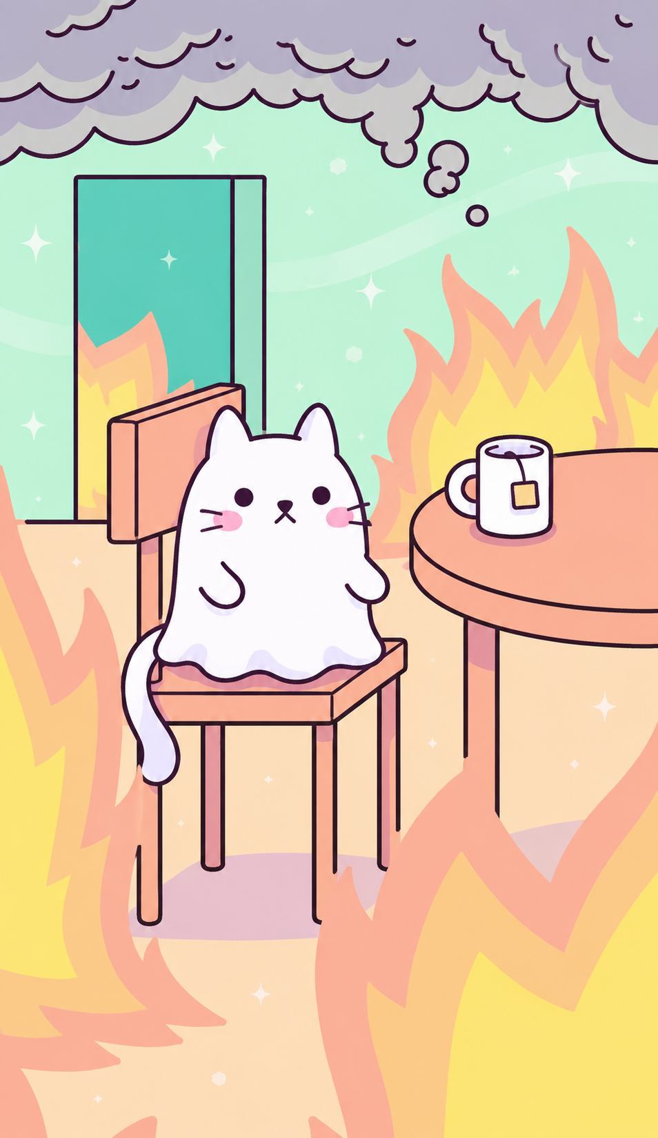 A ghostly cat calmly drinking tea while the room is on fire