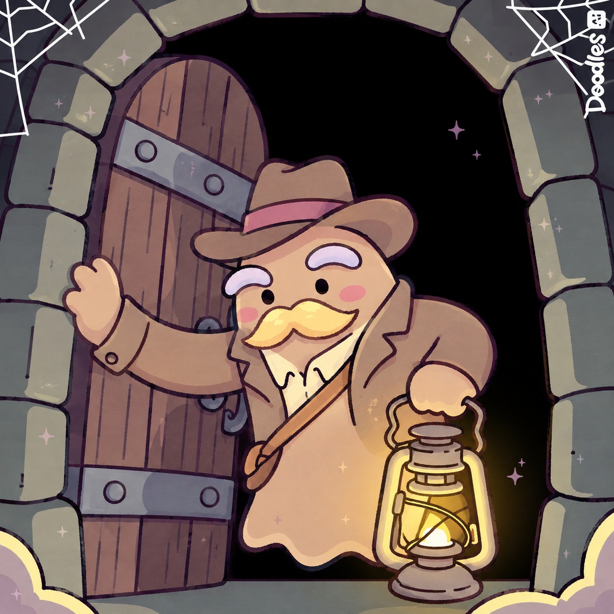 A ghostly explorer opens a stone doorway while holding a glowing lantern