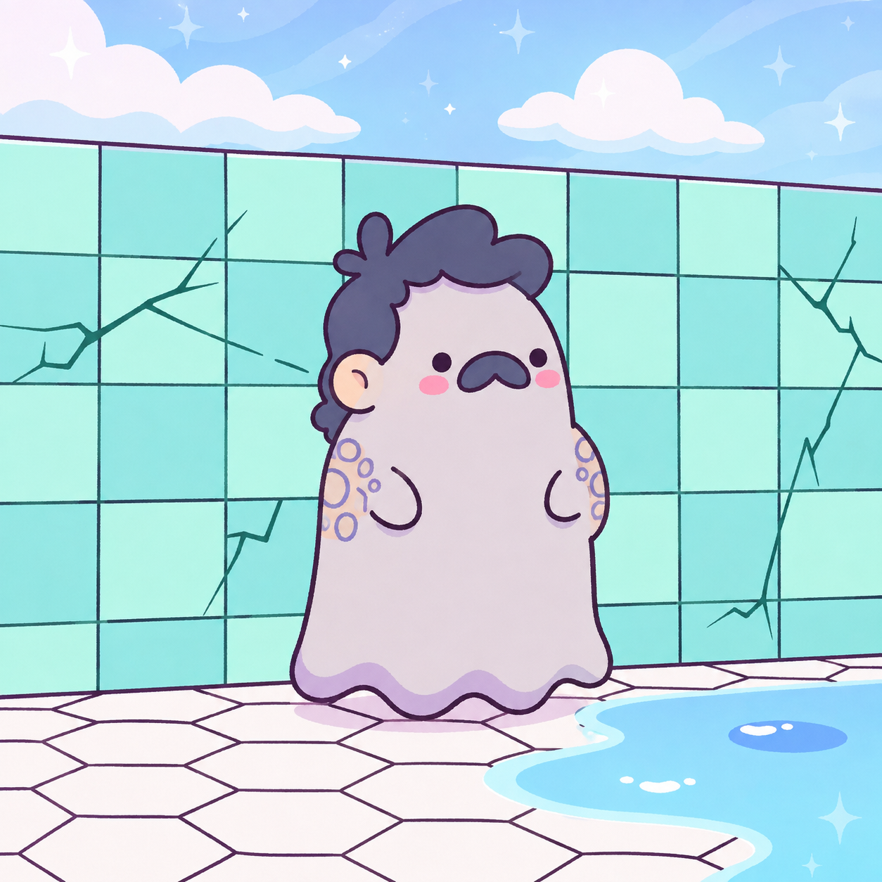 Boo standing calmly beside a mysterious puddle at a pool